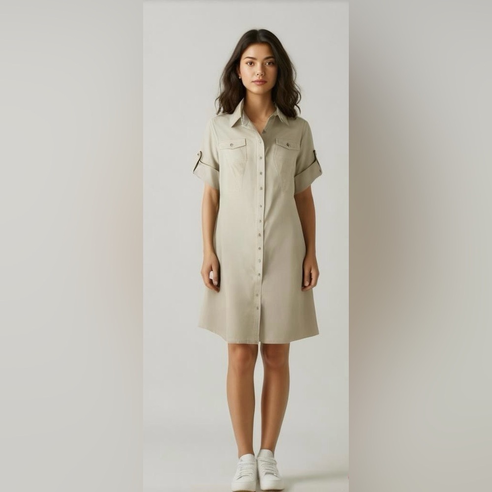 MSK Tan Button-Up Short Sleeve Shirt Cotton Dress Sz M